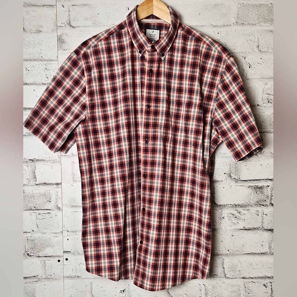 Denver Hayes Men’s Plaid Short Sleeve Button Down Shirt Red White L